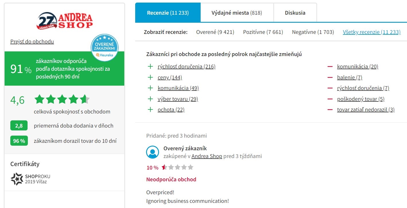 Hodnotenie eshopu Andreashop.sk na portáli heureka.sk
