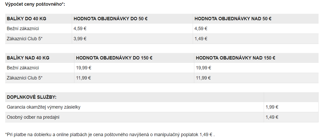 Cena prepravy v e-shope Delimano.sk