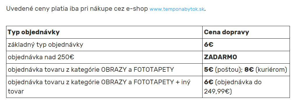 Temponabytok.sk cena dopravy